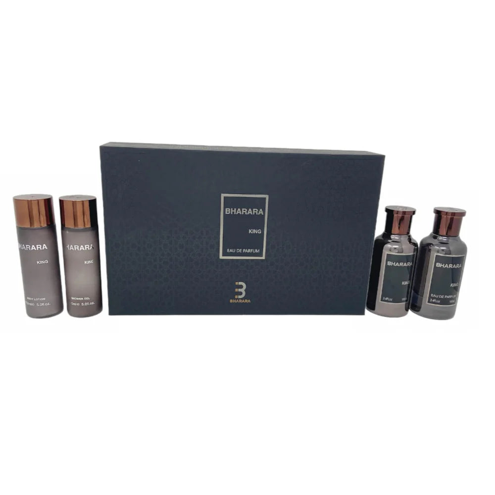 BHARARA KING – Set de regalo premium de 4 piezas (Eau de Parfum 100 ml + After-Shave 100 ml + Loción y gel 140 ml)
